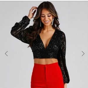 Windsor Black Sequin Long Sleeve Crop Top